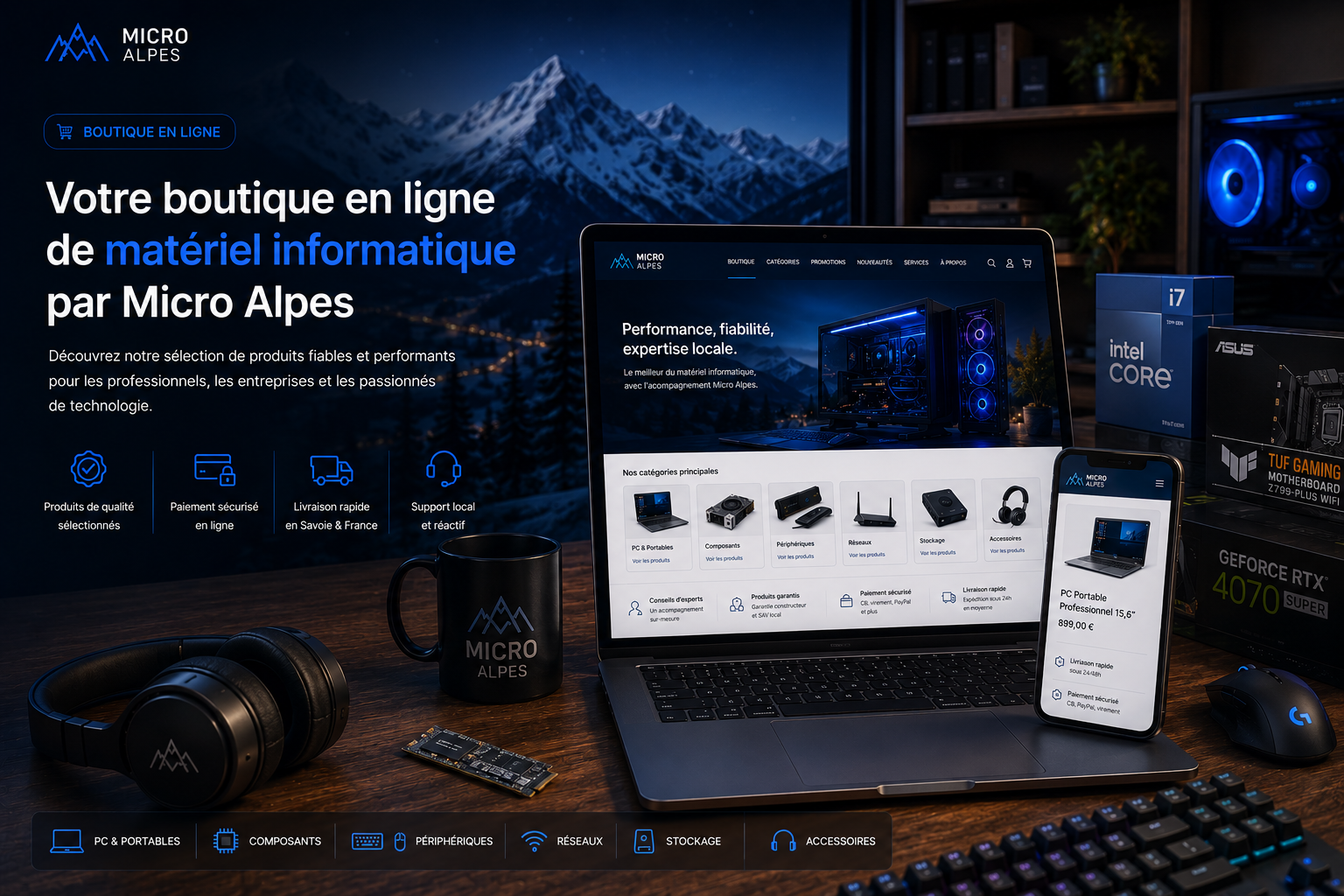 Boutique en ligne Micro Alpes — matériel informatique premium : PC portables, composants, périphériques, réseaux, stockage et accessoires
