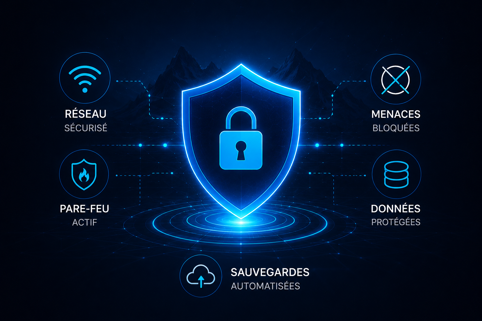 Bouclier de cybersécurité Micro Alpes — réseau sécurisé, pare-feu actif, menaces bloquées, données protégées, sauvegardes automatisées