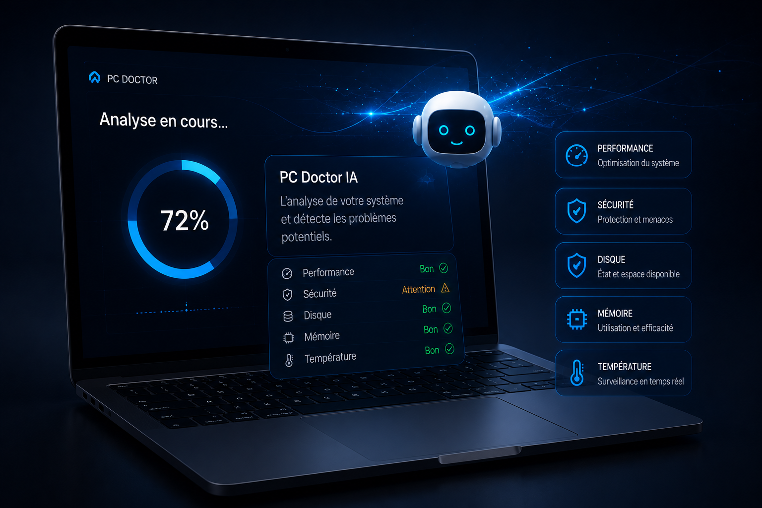 Interface PC Doctor IA analysant un ordinateur portable — diagnostic en ligne Micro Alpes